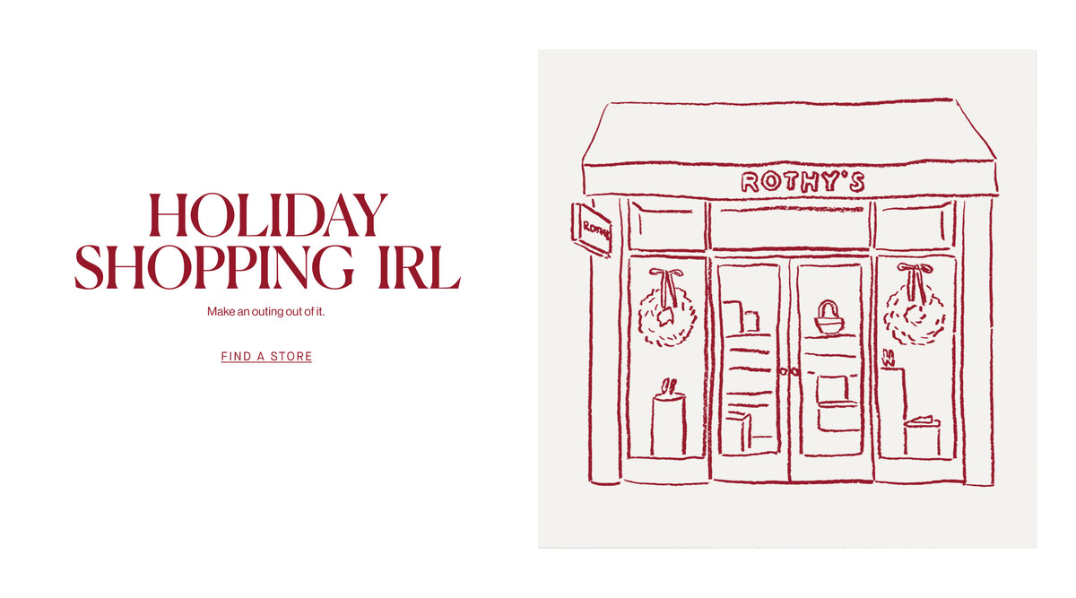 A minimalist graphic with the text 'HOLIDAY SHOPPING IRL' in dark red on the left and a red hand-drawn sketch of a shop storefront labeled 'ROTHY'S' on the right, on a light background.