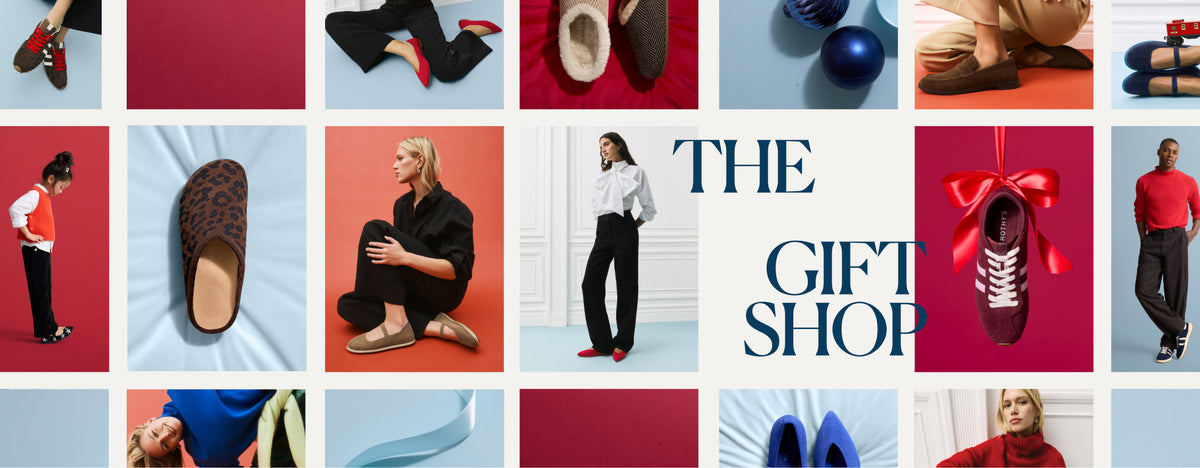 A collage-style promotional graphic with multiple small fashion photos arranged in a grid around large text reading “THE GIFT SHOP.” 