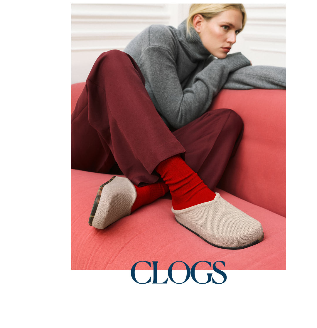 Model wearing The Casual Clog with text overlay, 'CLOGS.'