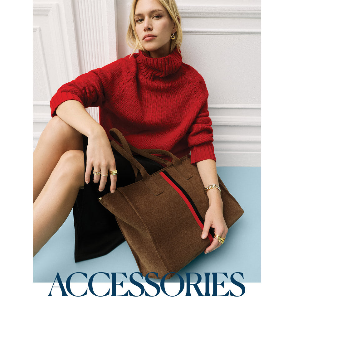 Model with The Classic Tote with text overlay, 'ACCESSORIES' 