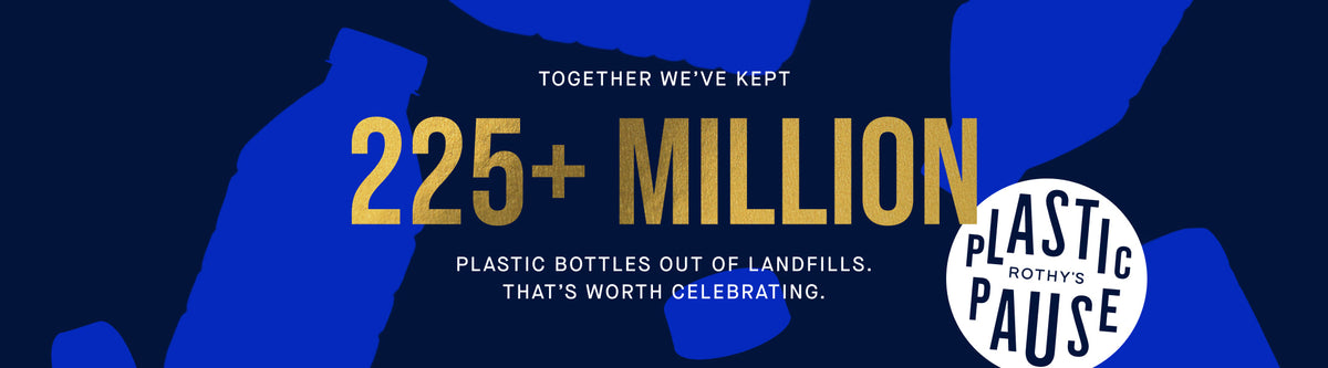Promotional banner celebrating 225 million plastic bottles kept out of landfills with 'Plastic Pause' logo.