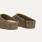 Close up of the heel of The Casual Clog in Toffee Raffia-Knit, with Rothy's signature blue halo. 