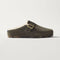 side | The Teddy Buckle Clog in ReVelvet Olive shown from the side. 
