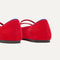 Close up of the heel of The Double Buckle Mary Jane in ReVelvet™ Red Crisp, with Rothy's signature blue halo.