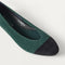 macro | Close up of the toe and vamp on The Almond Ballet in ReVelvet Evergreen Captoe.