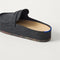 Close up of the heel of The Penny Clog in Soft Black, with Rothy's signature blue halo.