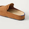 Close up of the heel of The Penny Clog in ReVelvet Caramel, with Rothy's signature blue halo.
